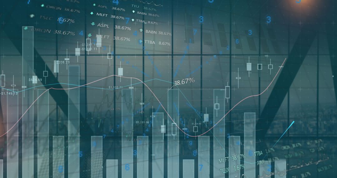 Financial Data Overlay on Cityscape Illustrating Market Analytics