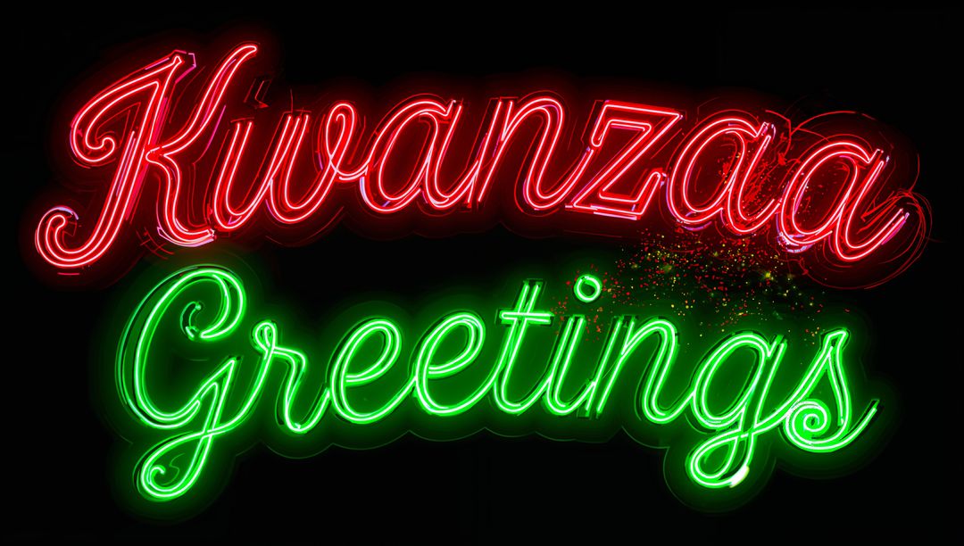 Luminous Neon Kwanzaa Greetings Sign in Red and Green Cursive Script with Sparks