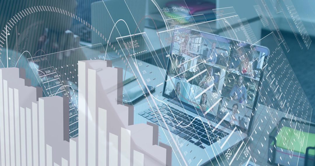 Virtual Business Meeting with Analytics Interface Overlay