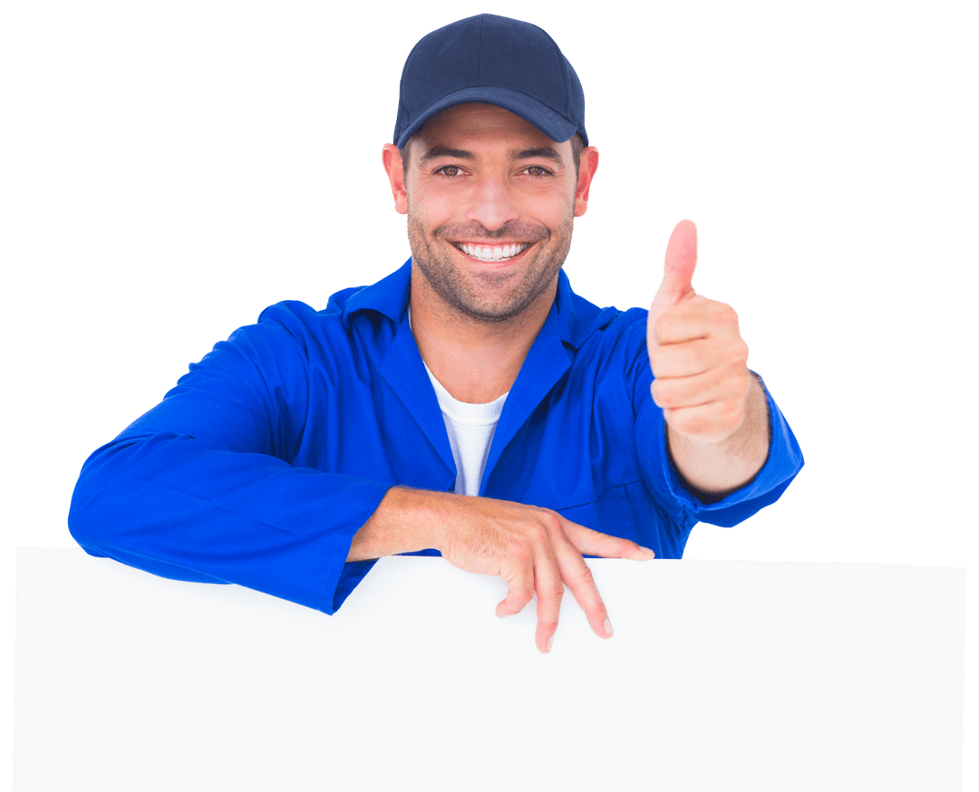 Smiling Mechanic with Blue Uniform Showing Thumbs Up on Transparent Background