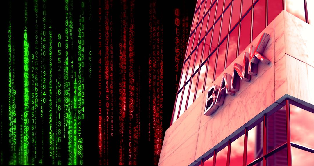 Modern Bank with Digital Code Overlay Symbolizing Fintech Innovation