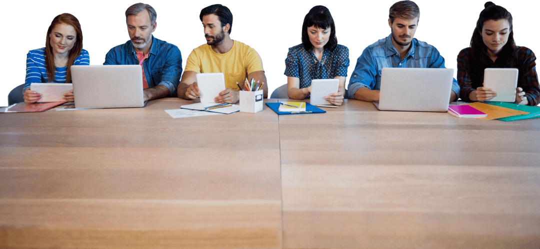 Transparent Background Team Collaborating on Technology at Table