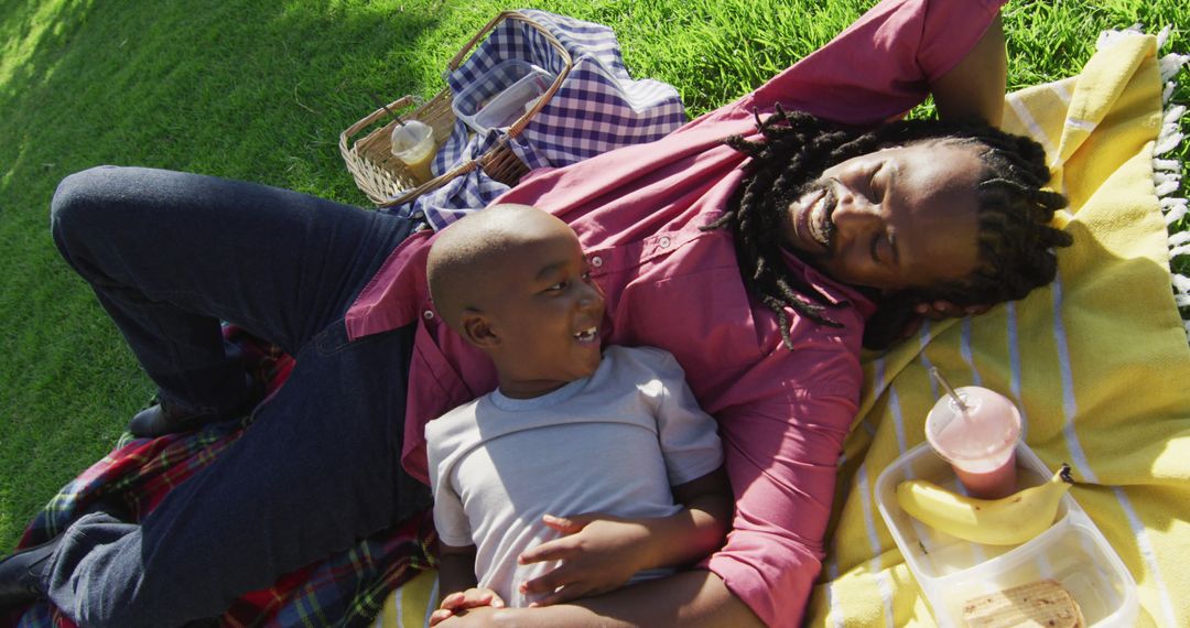 African American father and son relaxing outdoors having picnic - Free Images, Stock Photos and Pictures on Pikwizard.com