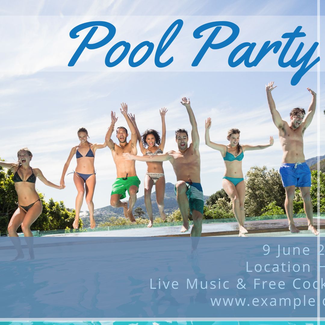 Energetic Friends Jumping into Pool for Summer Party