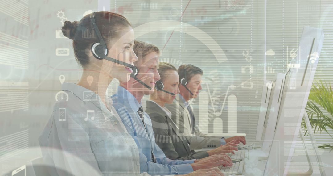 Business Professionals Using Headsets with Data Overlay
