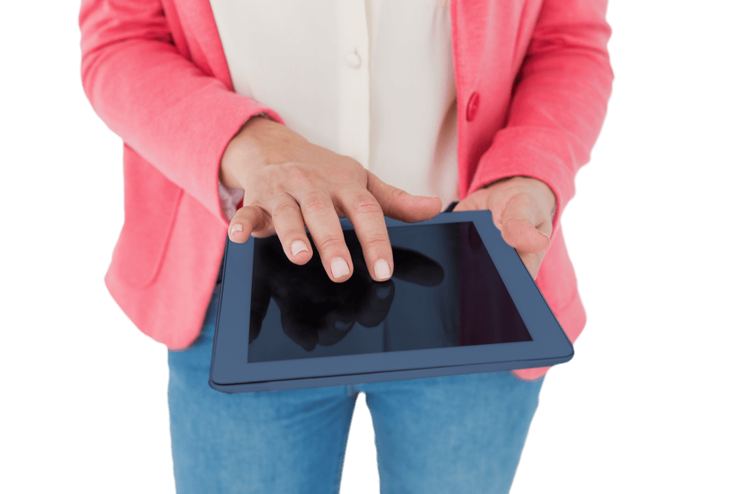 Elegant Woman Using Tablet in Transparent Background