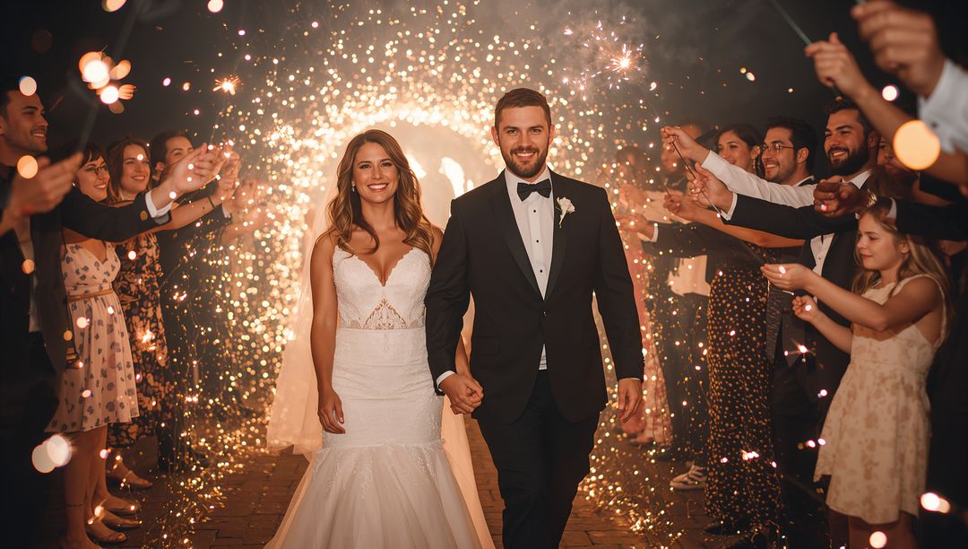 Newlyweds Walking Through Sparkler Tunnel at Night Holding Hands in Tuxedo and Gown
