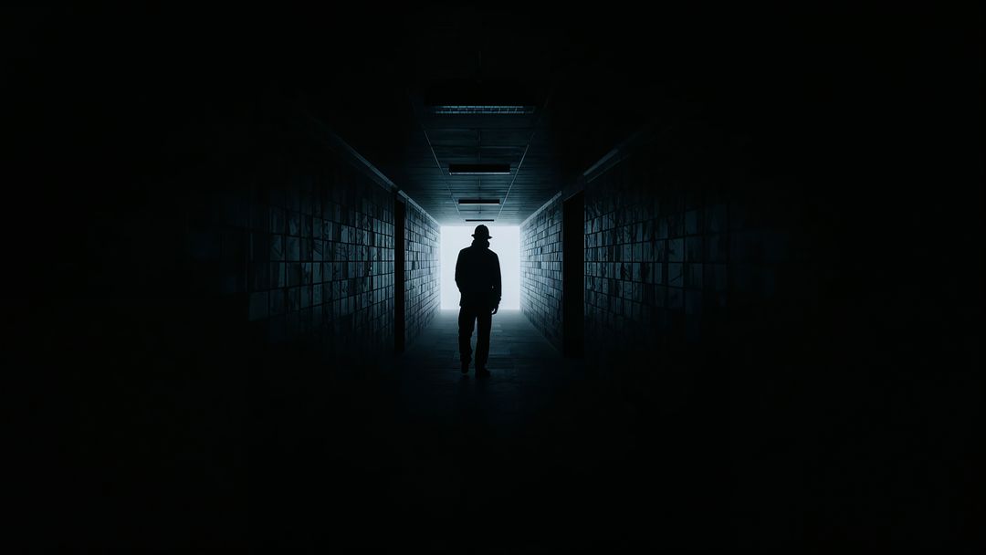 Silhouette of Man with Hat Walking through Dark Corridor Toward Bright Exit