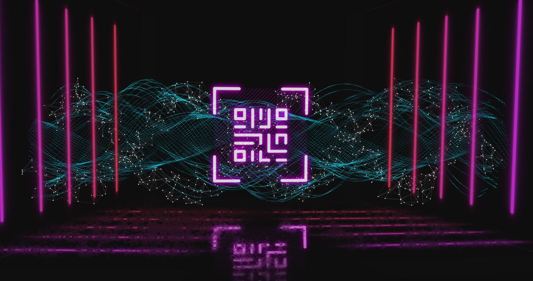 Glowing QR Code with Neon Elements Over Digital DNA Strand