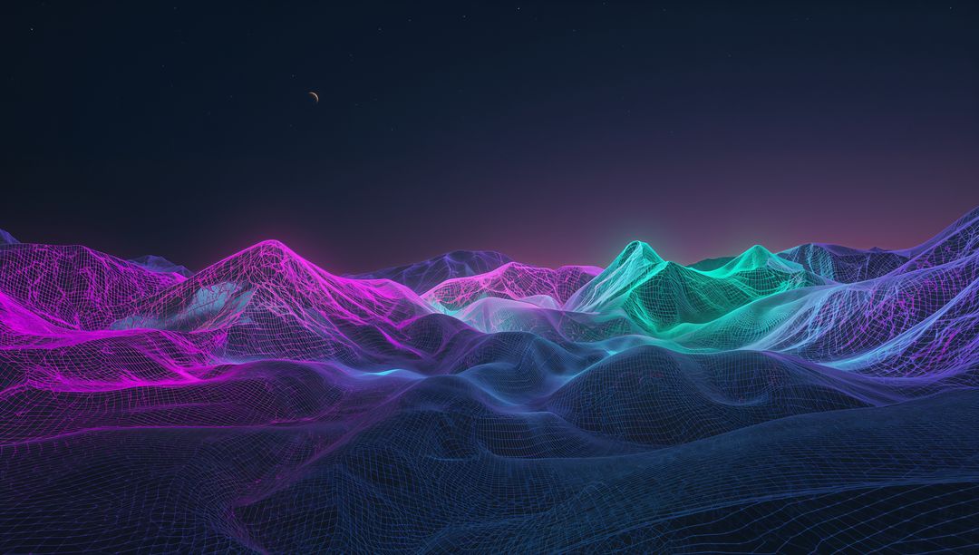 Glowing Neon Wireframe Mountains Rolling Across Night Virtual Landscape with Crescent Moon