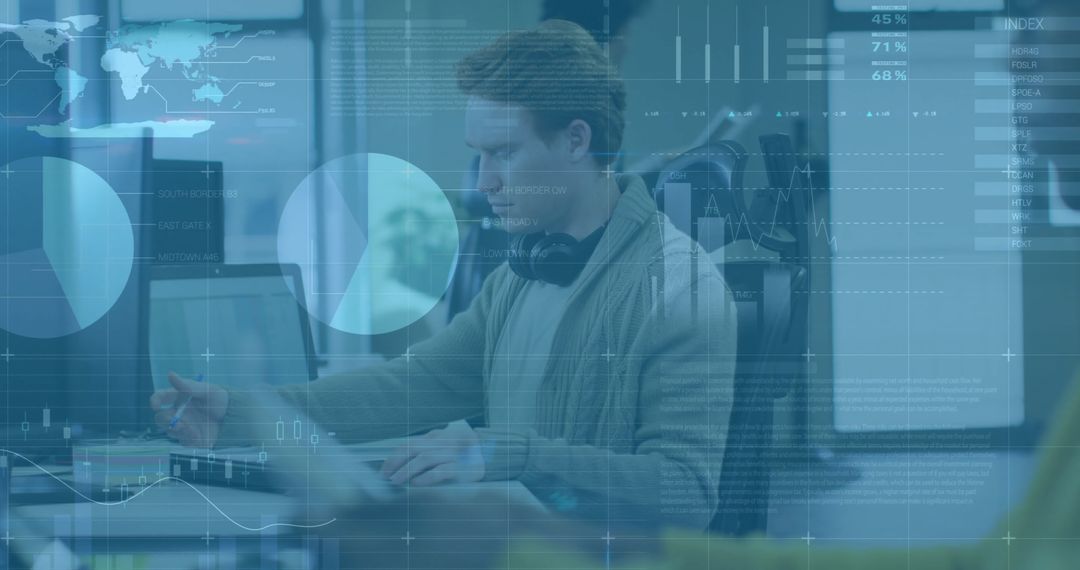 Futuristic Office with Financial Data Overlay