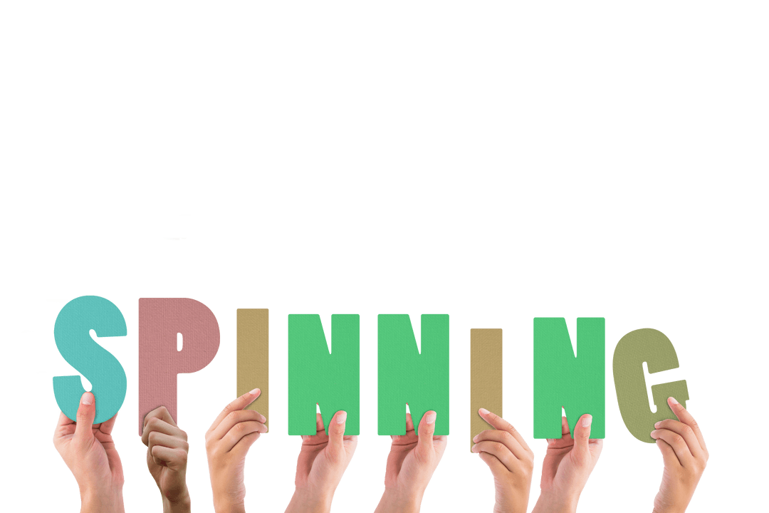 Hands Holding Colorful Spinning Text on Transparent Background