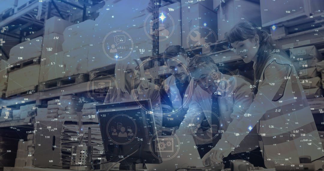 Team Collaborating in Warehouse Using Digital Technology Visuals