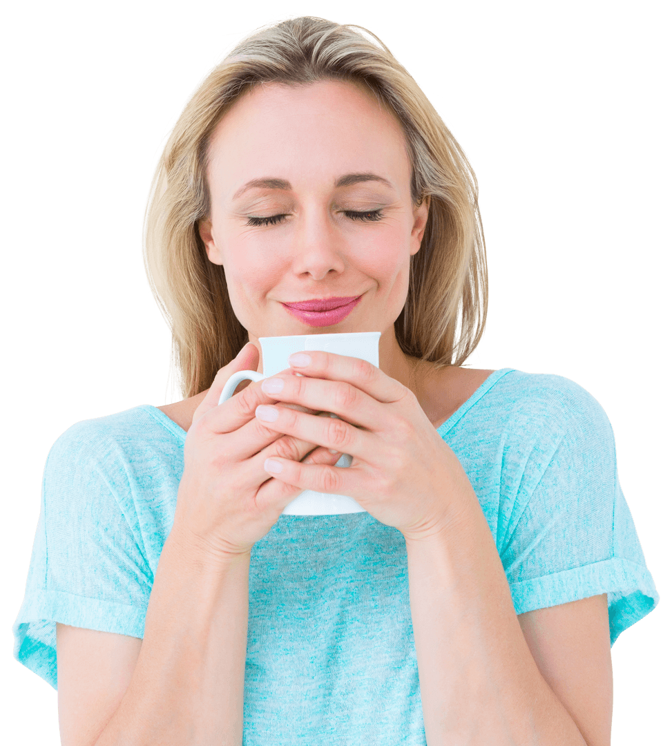 Smiling Woman Enjoying Hot Beverage While Relaxing With Transparent Background