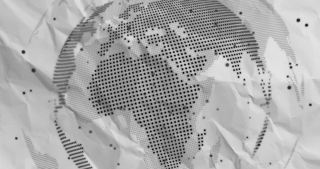 Crumpled Halftone World Map on Textured Paper Surface