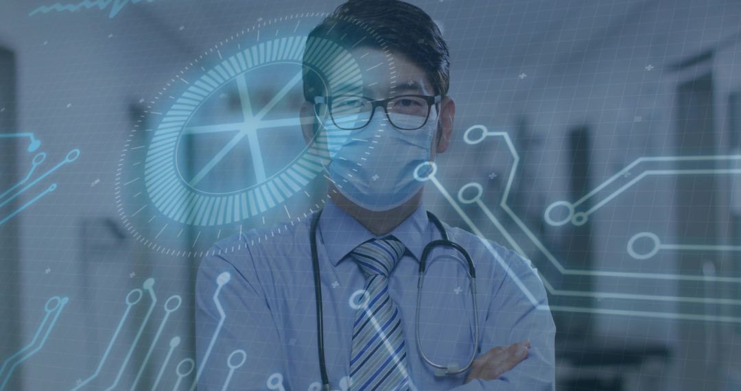 Futuristic Medical Professional Analyzing Digital Data in Hospital Corridor