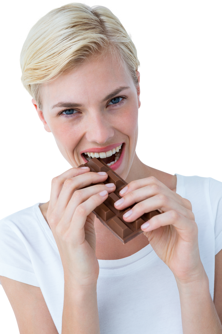 Attractive Woman Biting Chocolate Bar Showing Joy and Delight (Transparent Background) - Download Free Stock Images Pikwizard.com