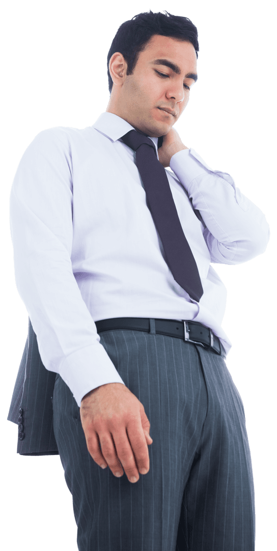 Tired Hispanic Businessman Standing Isolated on Transparent Background