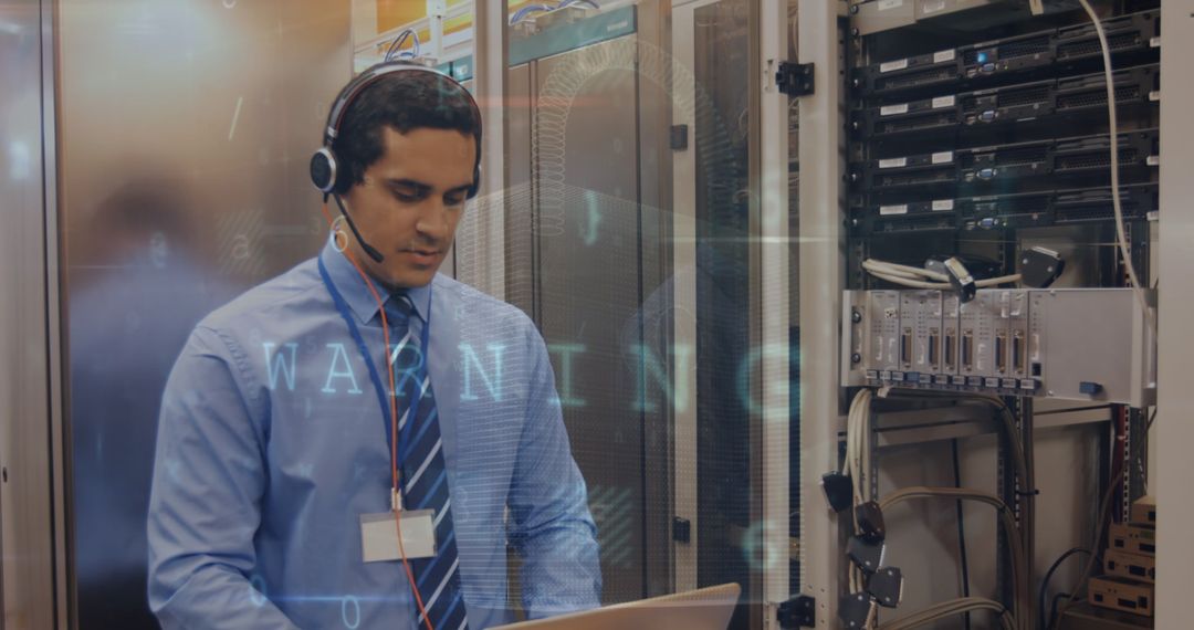 Engineer Monitoring Server Room Utilizing Advanced Cyber Security Systems