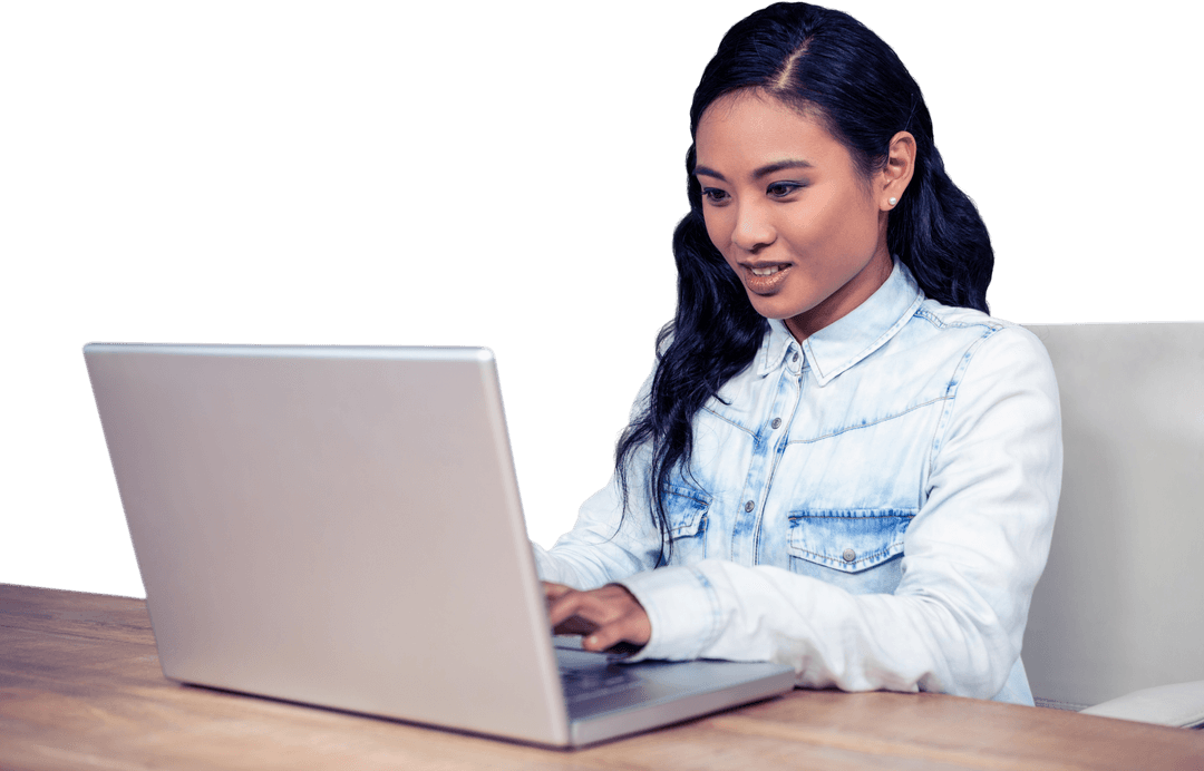 Transparent Image of Asian Woman Using Laptop in Office Environment