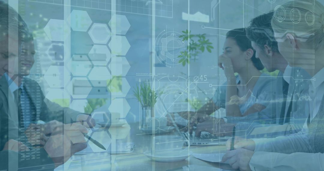 Business Team Collaborating Around Conference Table with Digital HUD Data Visualization