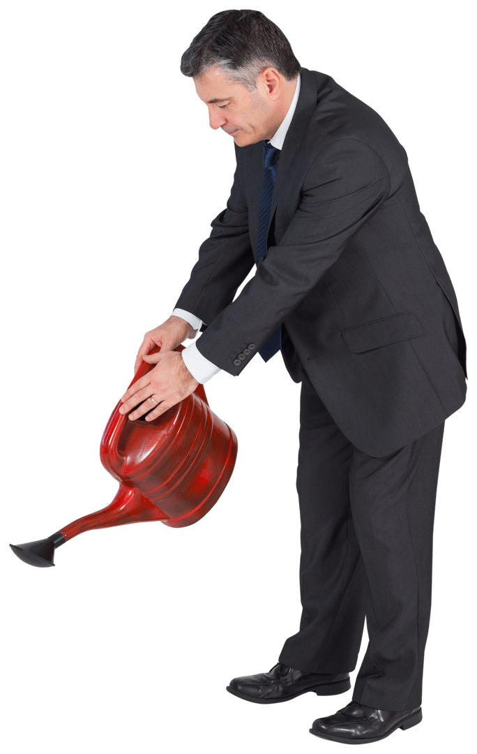 Transparent Mature Businessman Using Watering Can Positively
