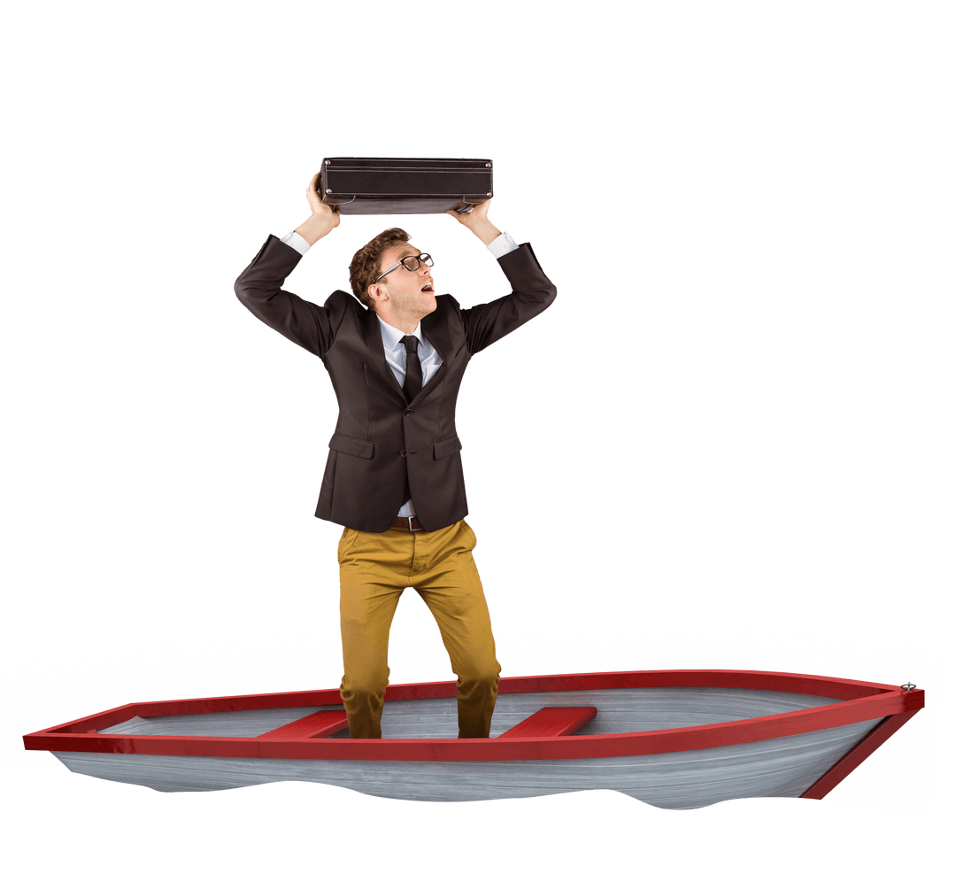 Transparent Businessman Holding Suitcase in Small Boat Concept