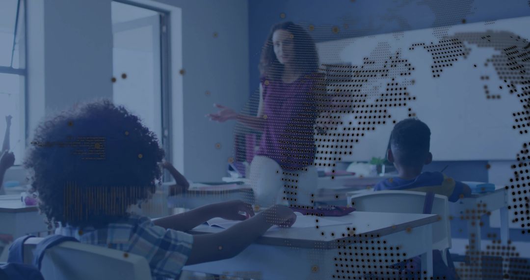 Educator Teaching Young Students in Classroom with Global Map Overlay