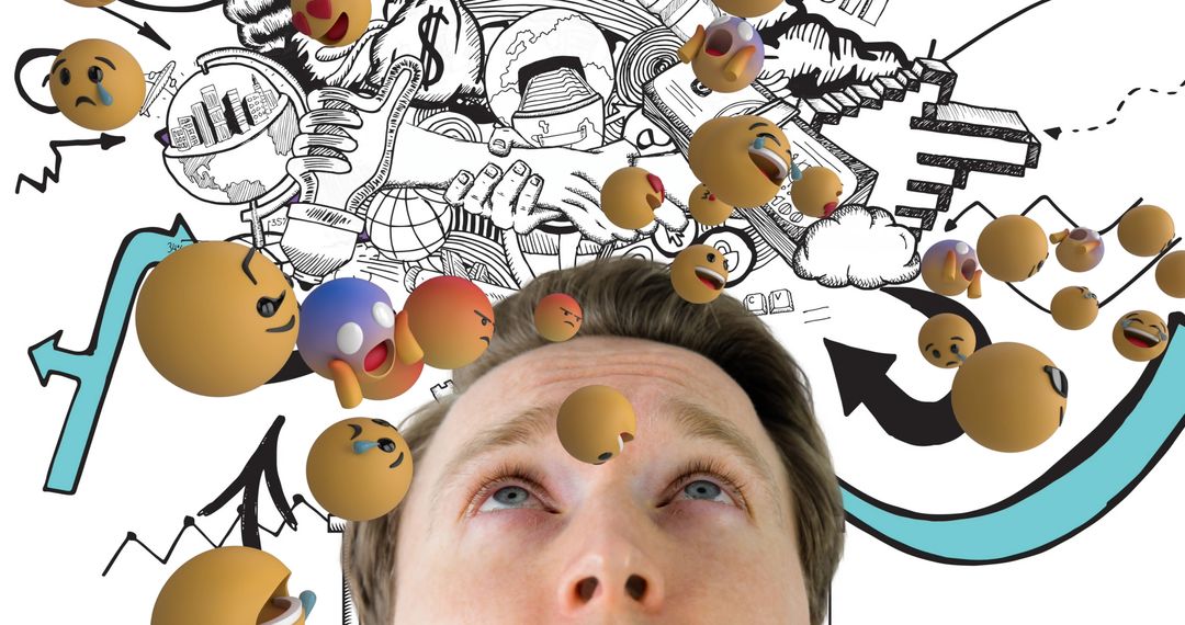 Person Surrounded by Floating Emojis and Illustrations