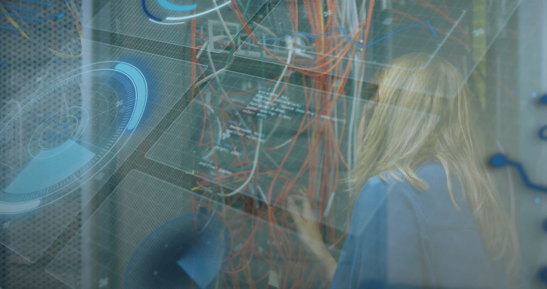 IT Specialist Managing Data Server with Digital Interface Overlay