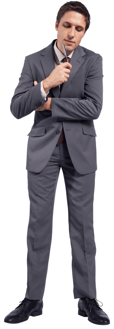 Thoughtful Businessman Holding Pen with Transparent Background