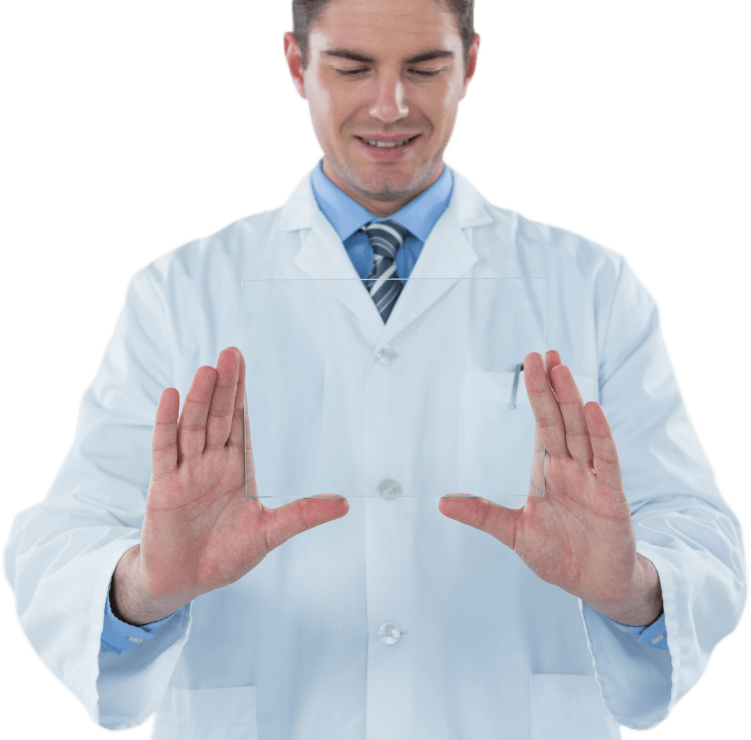 Smiling Doctor Examining Futuristic Transparent Glass Pane