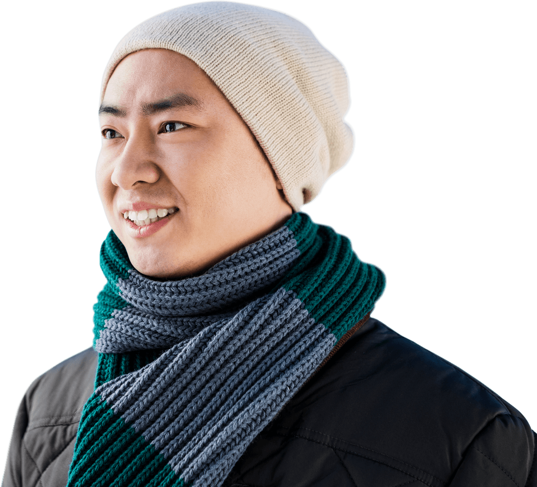 Cheerful Asian Man Smiling in Cozy Winter Outfit on Transparent Background
