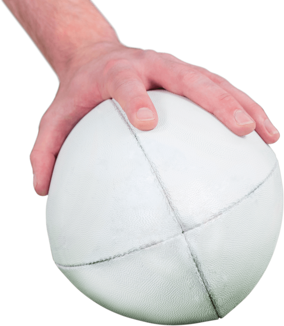 Transparent Hand Holding Rugby Ball Isolated for Sports Concepts
