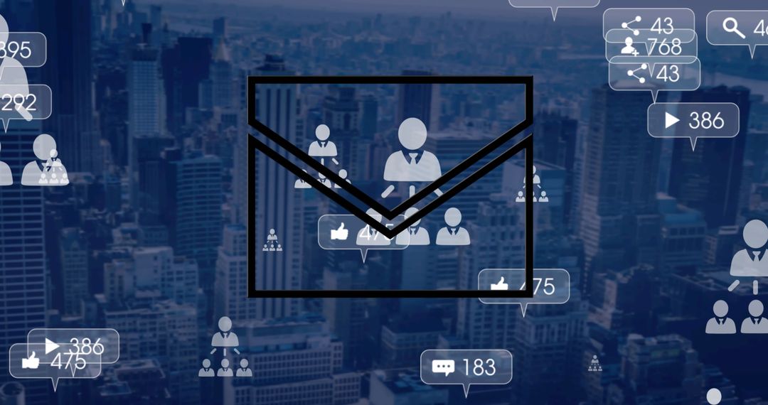 Digital Networking Concept with Social Media Icons Over Cityscape