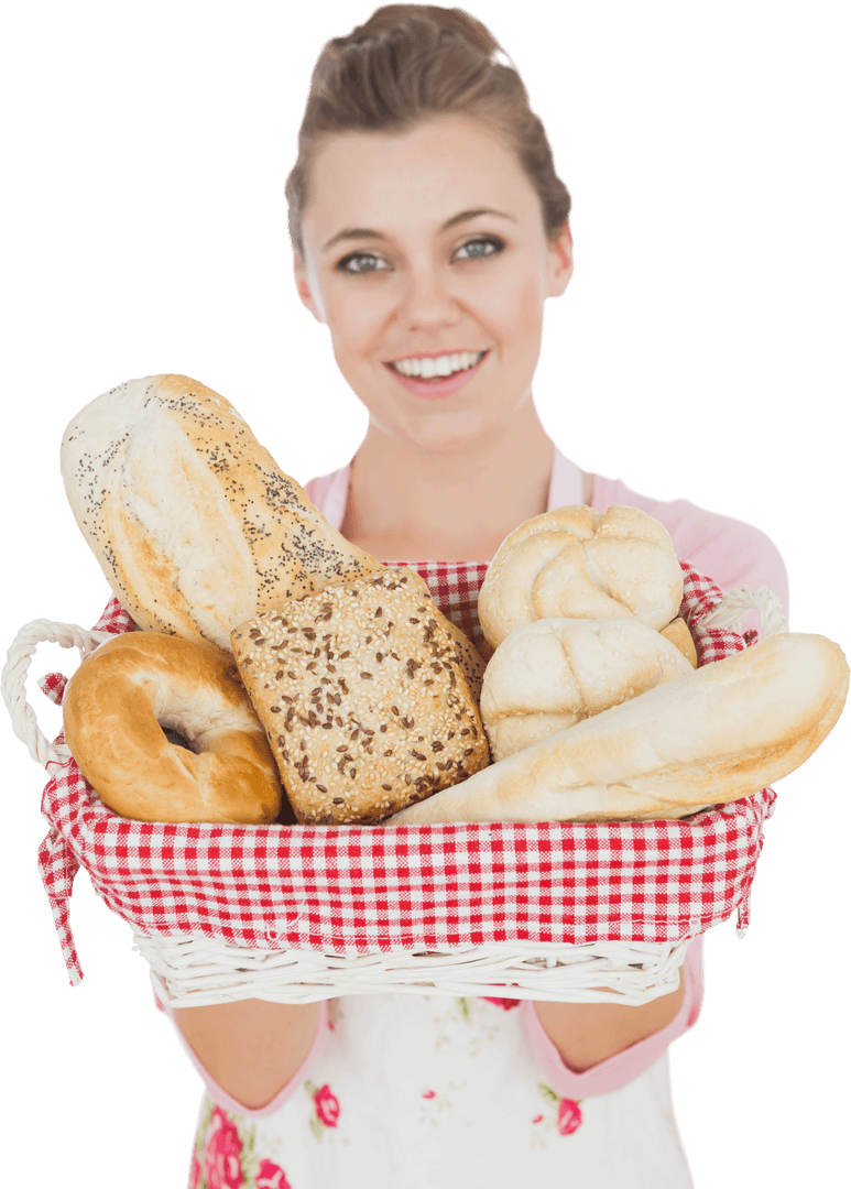 Smiling Woman Holding Basket of Various Breads Against Transparent Background