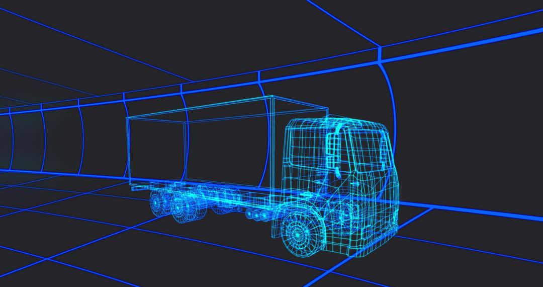 Neon Blue Wireframe Truck Moving Through Tunnel Grid 3D CAD Rendering