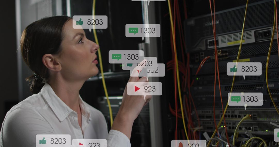 Engineer Analyzing Server with Social Media Notifications Overlay