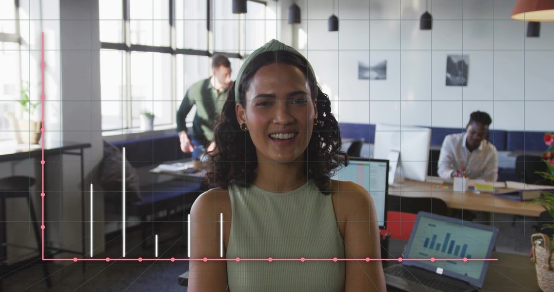 Smiling Businesswoman Analyzing Data in Modern Office Setting