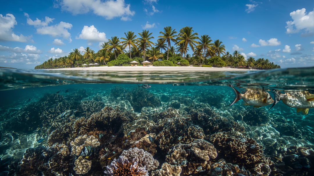 Idyllic Split-Level Beach View with Coral Reef and Palms