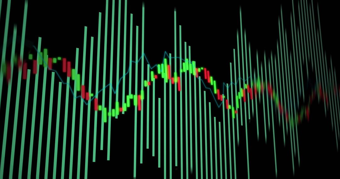 Neon Financial Market Chart Displaying Candlestick Trends and Dynamic Teal Bar Waveform