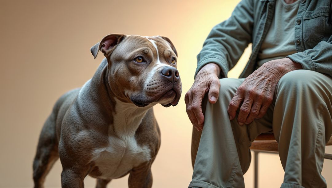 Loyal Pitbull and Senior Owner Sharing Quiet Company Indoors