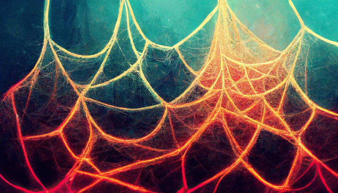 Colorful lit spider webs in mystical foggy scene - Free Images, Stock Photos and Pictures on Pikwizard.com