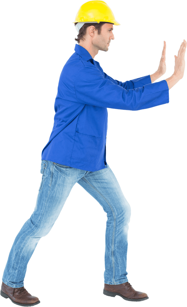 Construction Worker Pushing Pose on Transparent Background
