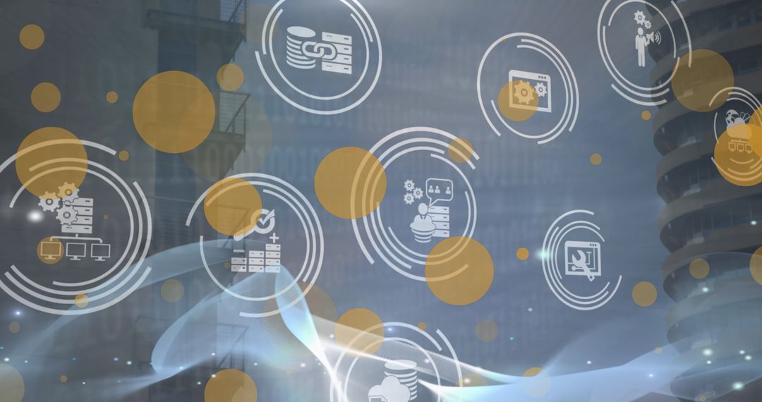 Digital Interface with Technology Icons and Connecting Networks