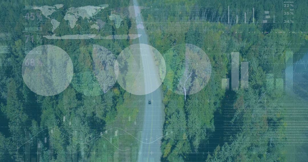 Aerial View of Car on Road in Pine Forest with Digital Data Overlays