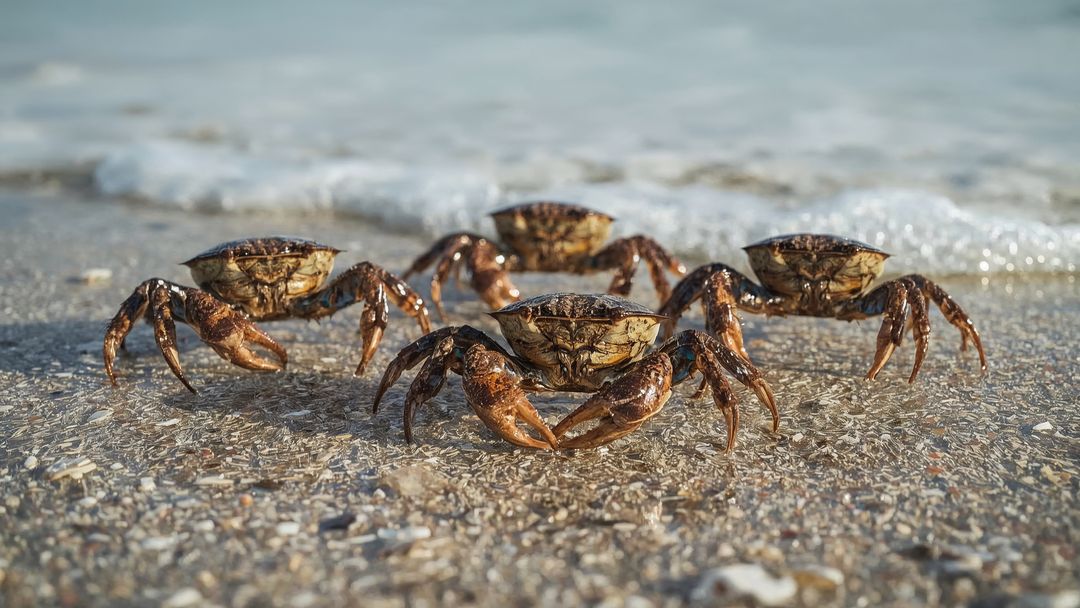 Shore Crabs Scuttling Along Sandy Beach Against Ocean Waves