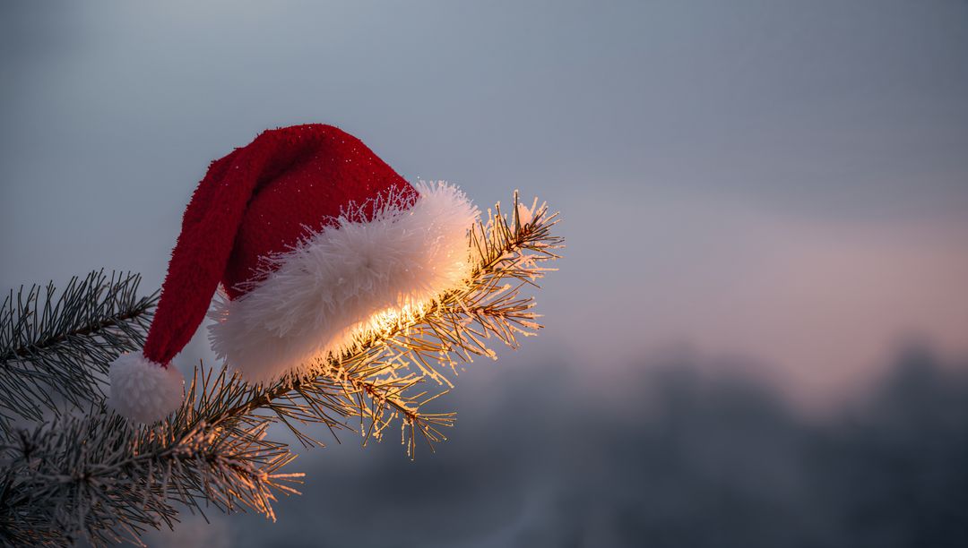 Santa Hat Perched on Frosted Pine Branch Catching Warm Twilight Glow