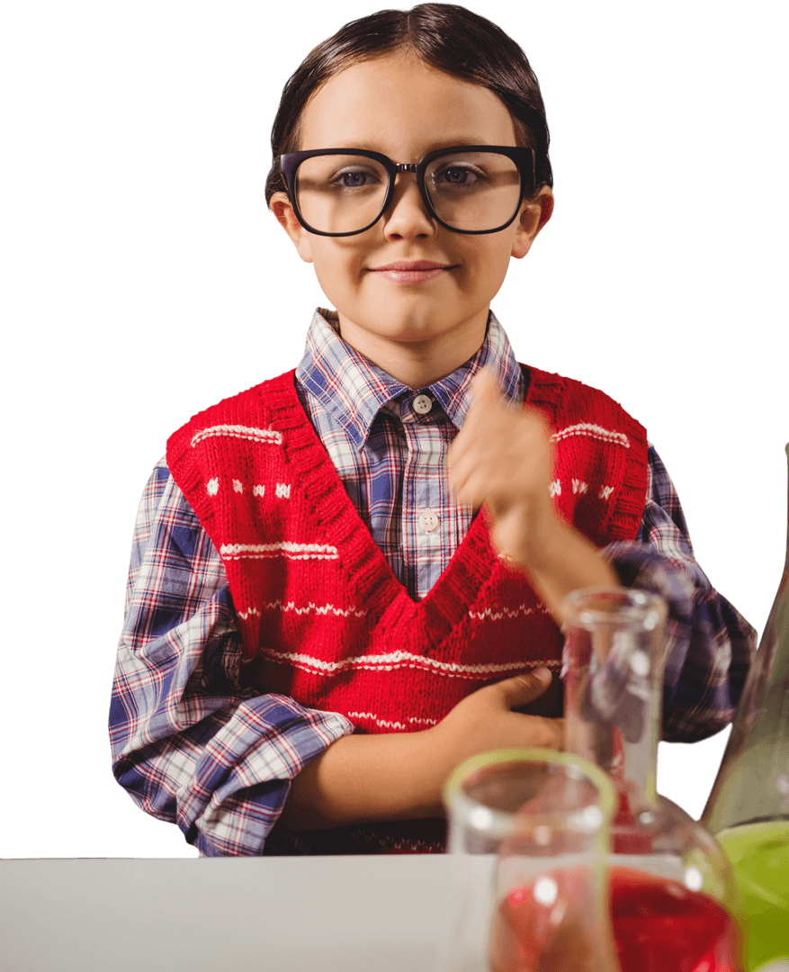 Confident Young Scientist with Transparent Flask in Classroom