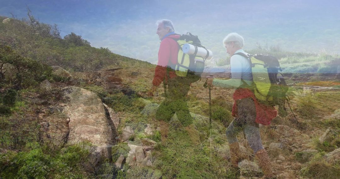 Senior Hikers Exploring Rugged Mountain Trail with Backpacks